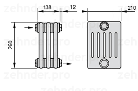 Схема (чертеж) Радиатор Zehnder Charleston 6026/3 №1670 Белый глянцевый RAL 9016